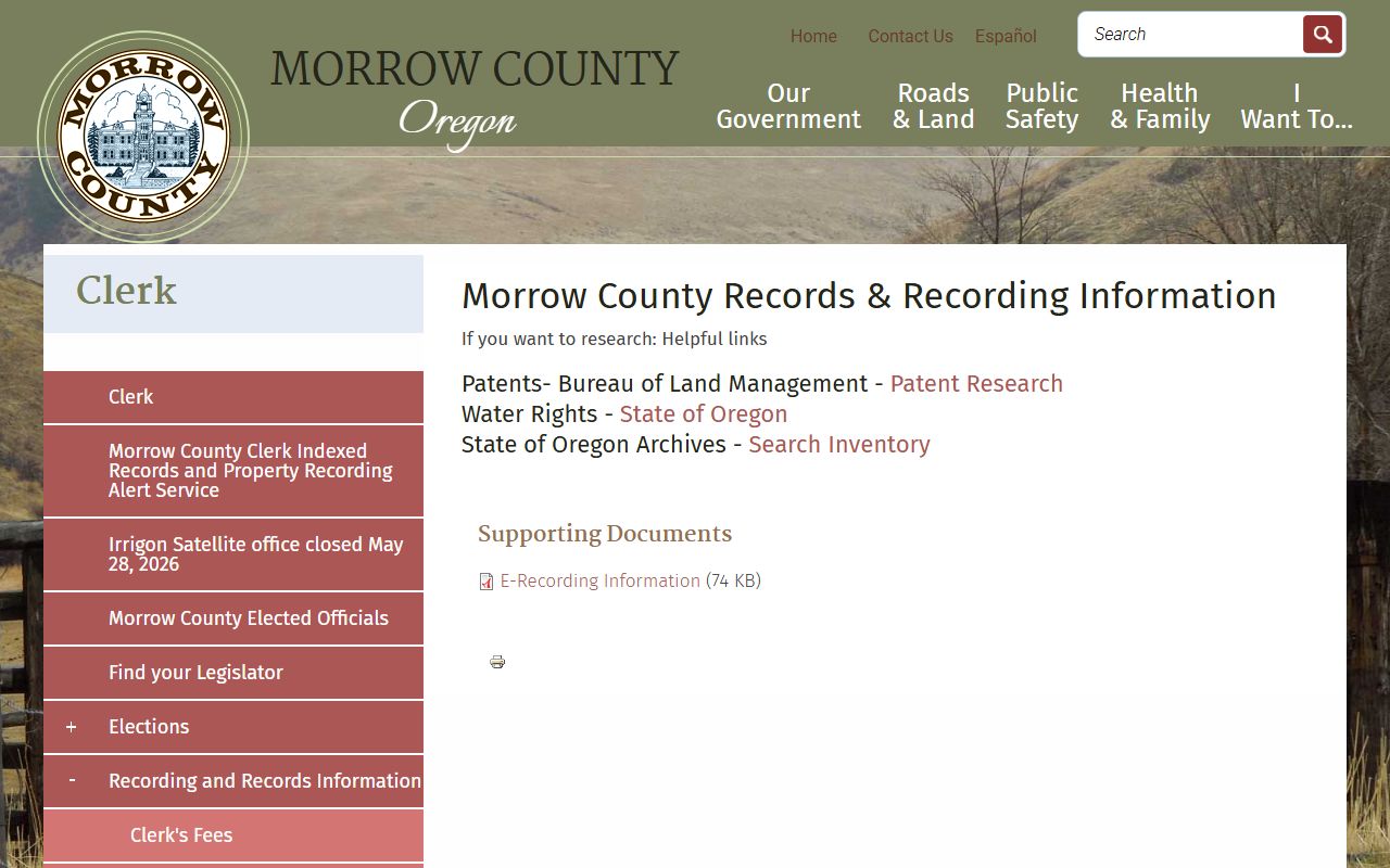 Morrow County court clerk records recording information source