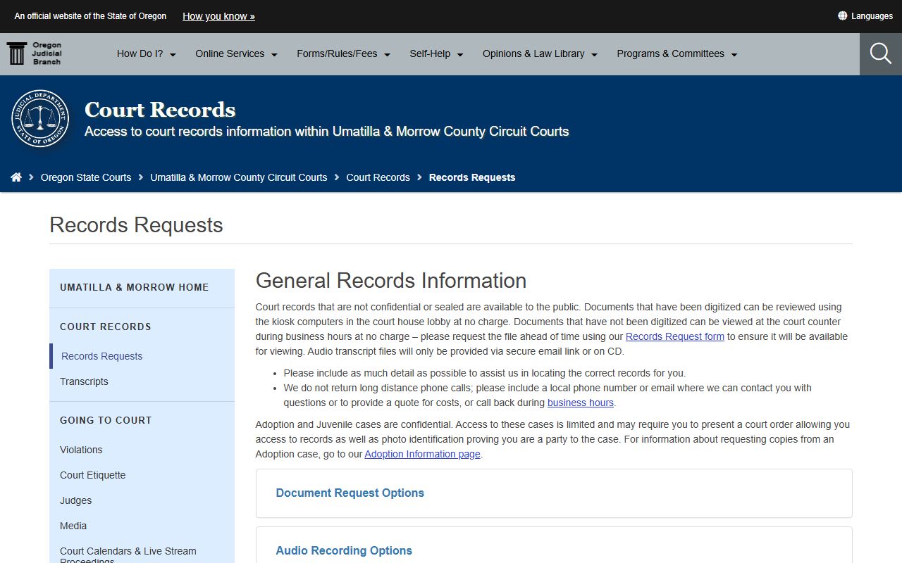 Morrow County court records request page for Circuit Court records