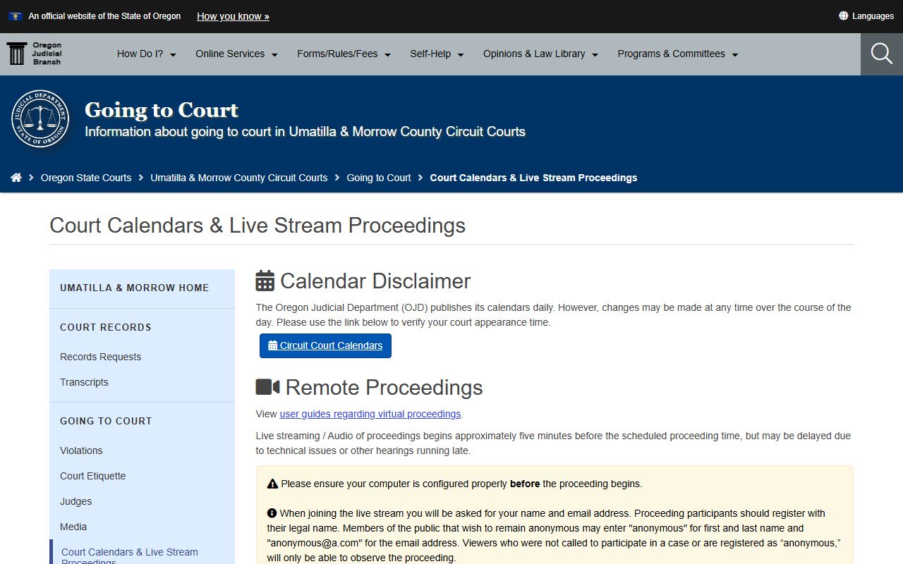 Morrow County Circuit Court records calendar source