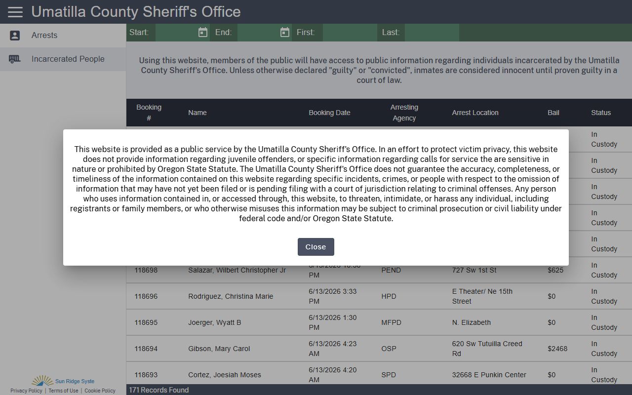 Morrow County inmate search Umatilla County incarcerated person portal