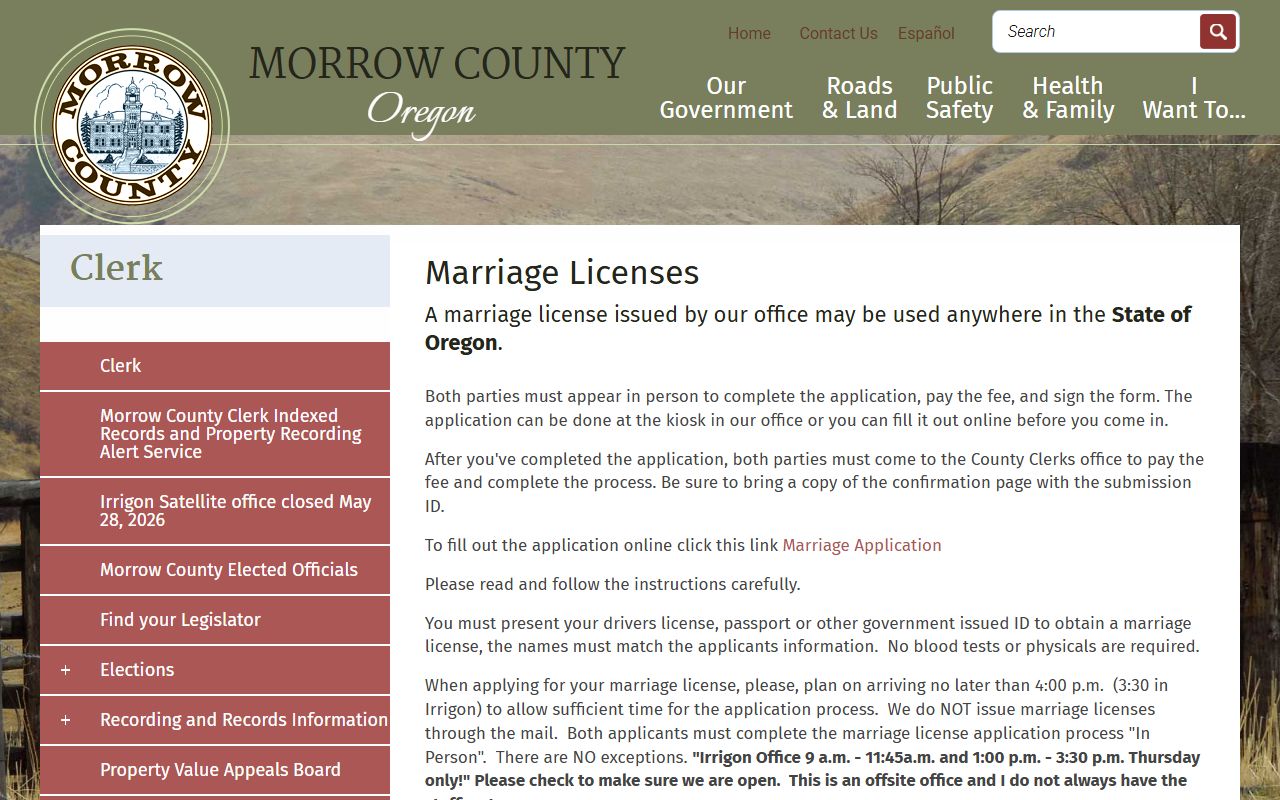 Morrow County marriage and divorce records marriage license page