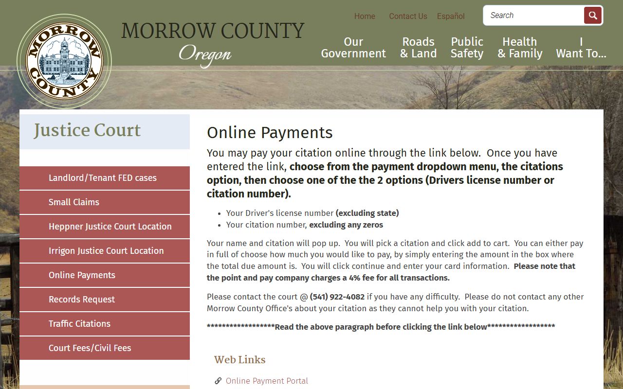 Morrow County traffic court records Justice Court online payments