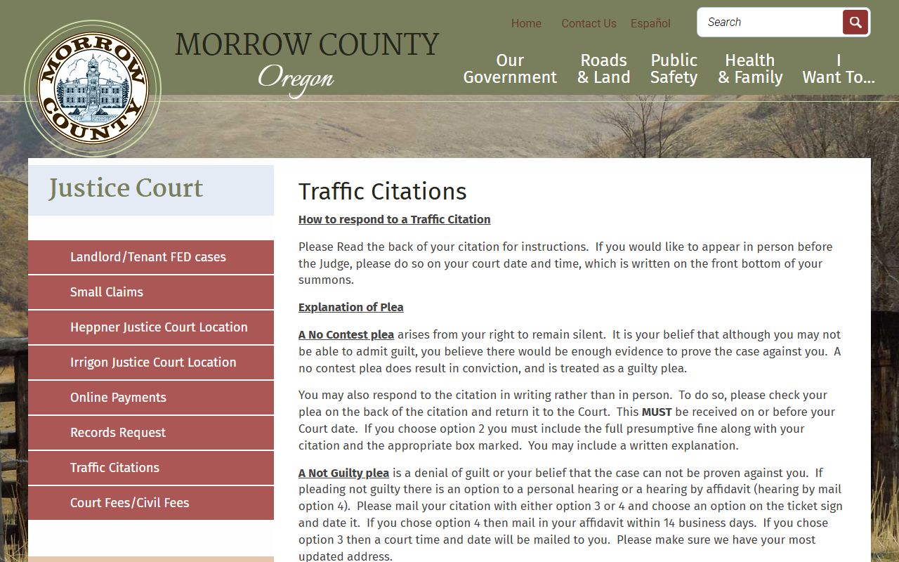 Morrow County traffic court records Justice Court traffic citations page