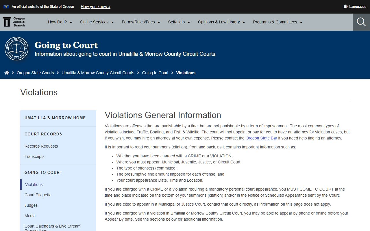 Morrow County traffic court records OJD violations page