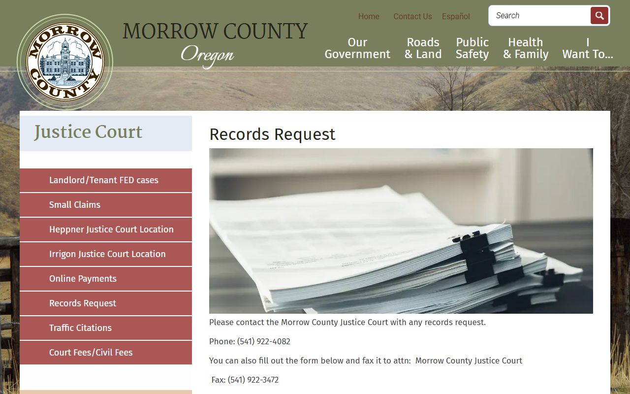 Morrow County warrant records Justice Court records request page